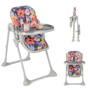 Floral-patterned high chair with tray and accessories on a white background