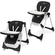 Two black and white high chairs with trays on a white background
