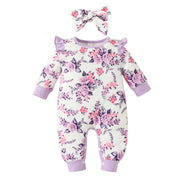 Floral Print Rompers Set for Newborn Girls with Bow Hairband