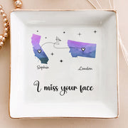 Personalized jewelry dish with 'I miss your face' and two states, a perfect long distance friendship gift.