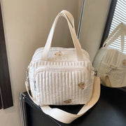 Quilted Cotton Baby Nappy Bag, Multifunctional Travel Diaper Tote with Adjustable Strap, Spacious Messenger Crossbody Maternity Bag (Bear/Tulip Embroidery)