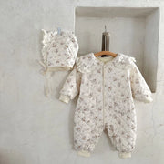 Winter Floral Rompers with Fur Lining and Hat