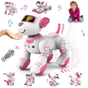 Juguete interactivo de perro robot acróbata con comando de voz, sensor táctil, modo programable, música y pantalla de expresión LED (rosa/azul)