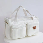 Quilted Baby Diaper Bag and Weekender Bag, Large Capacity Travel Duffle Bag with Multi-Layer Organization, Soft Cotton Fabric, and Adjustable Shoulder Straps