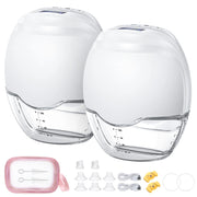 Two clear containers with white lids on a white background, accompanied by a pink case and accessories.