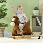 Caballo balancín de peluche con sonidos realistas de relincho, asiento seguro de respaldo alto, cinturón de seguridad y base de madera resistente para niños pequeños (18-36 meses)