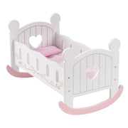 Cuna de muñecas de madera con forma de corazón y juego de ropa de cama, accesorios resistentes para cama de muñecas de 18 pulgadas (regalo para edades de 3+)