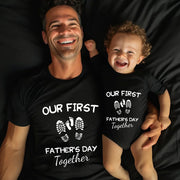 Man and child wearing matching shirts celebrating their first Father's Day together.