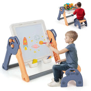 Juego de mesa y sillas multiactividad 6 en 1 para niños, caballete plegable con superficie para bloques de construcción, pizarra blanca, mesa de arena/agua y almacenamiento (edades 3-8, carga máxima 75 KG)