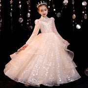 Elegant Sequin Long Sleeve Layer Luxury Gown